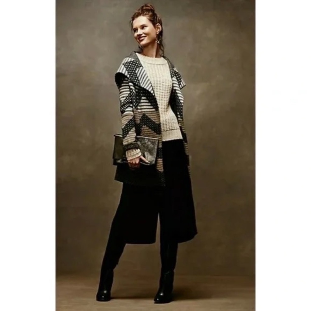 Anthropologie FIELD FLOWER‎ Chevron Stripe Belted Wool Sweater Coat Hood X-Small